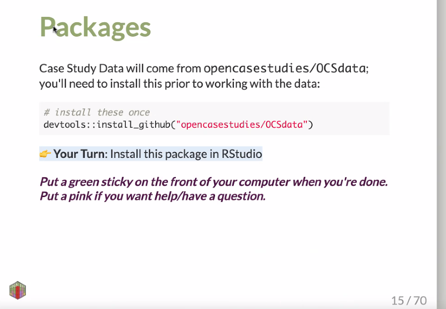 A slide from the class taught by Dr Ellis showing the use of the OCSdata package