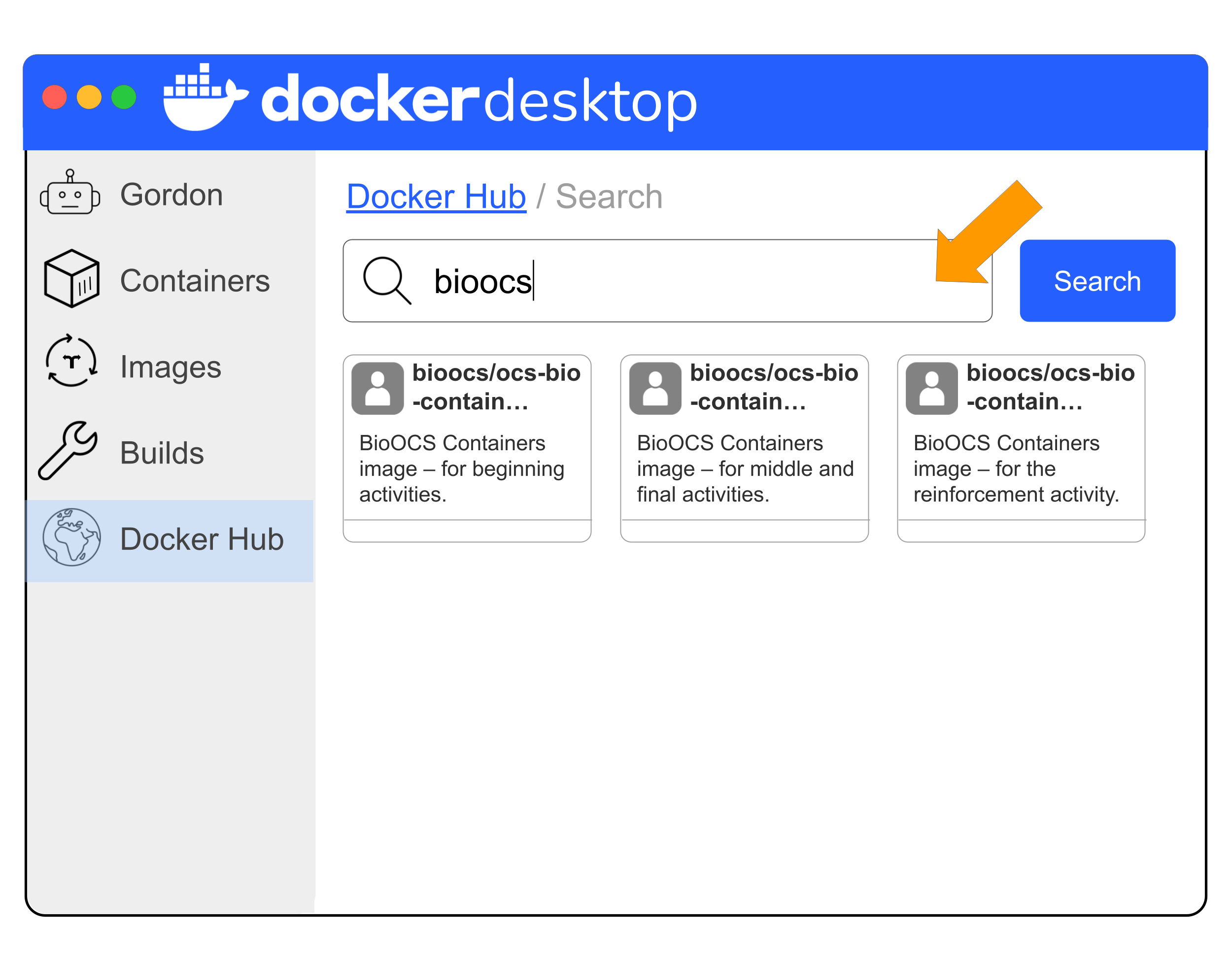 Simplified illustration of Docker Desktop showing that within the Docker Hub section, which you navigate to using the left side menu, you can search for images. The search bar is highlighted with an orange arrow.