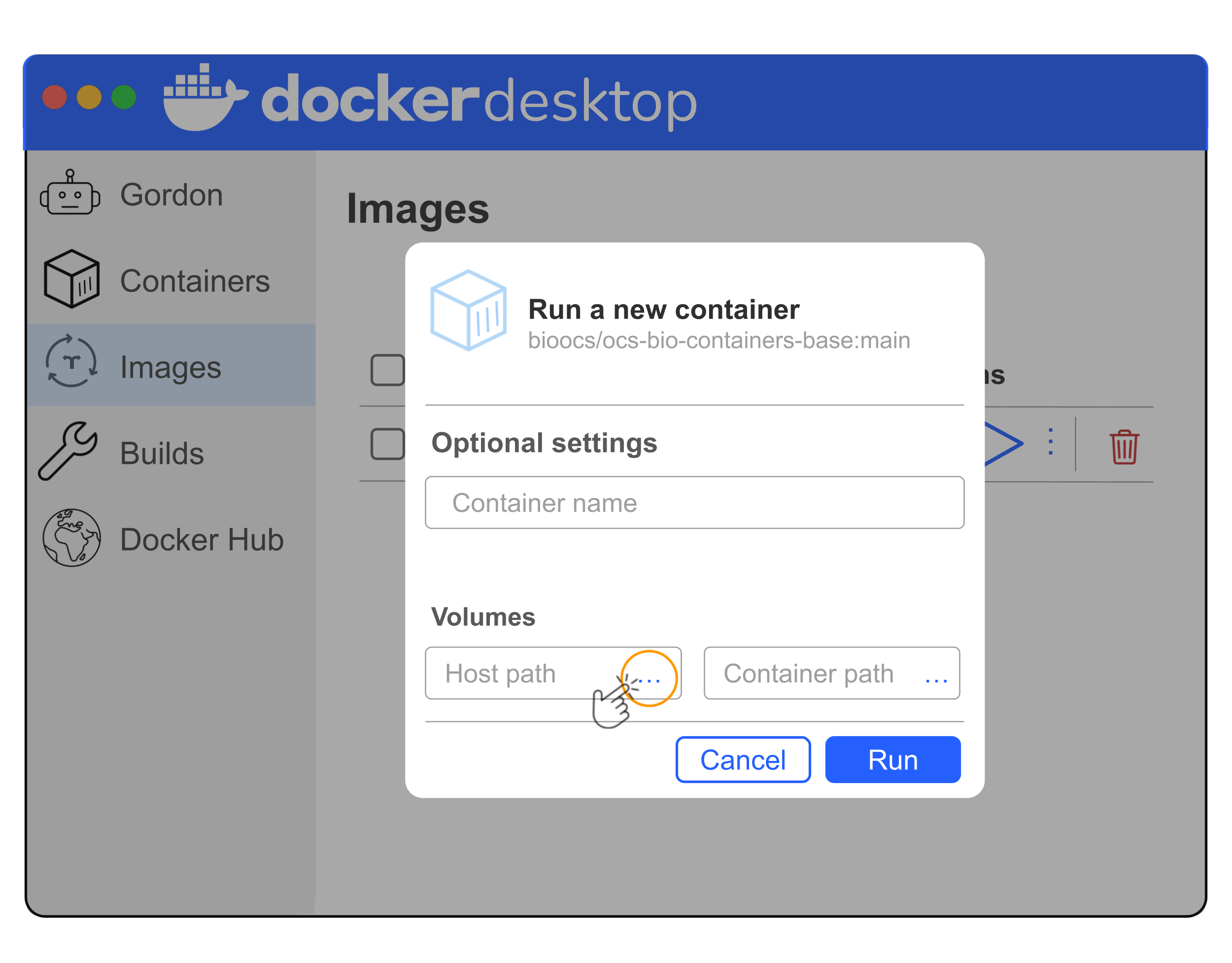 Simplified illustration of Docker Desktop showing the Run a new container pop up window and the optional settings that need to be filled in to mount a volume. Use the three dots for host path to select your local file path to the ocs bio containers scaffold main folder that you previously downloaded or cloned. Use the container path to specify where those files should be located in the running container. The three dots for the host path are highlighted with an orange circle to show that those should be clicked.
