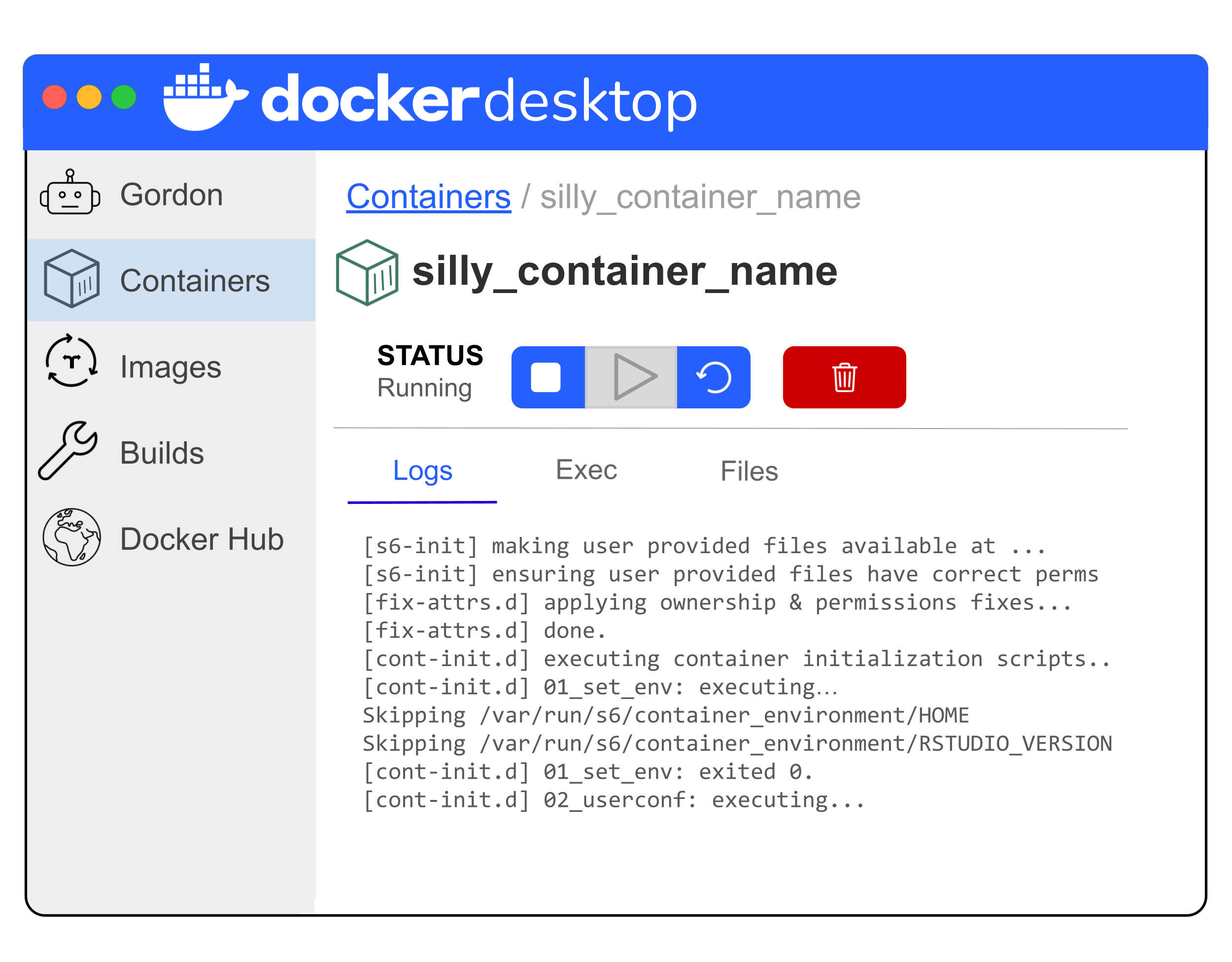 Simplified illustration of Docker Desktop showing the automatically opened running container with a silly container name automatically created by Docker Desktop. On the left hand side, the containers section of the menu has automatically been switched to. There are tabs such as Logs, Exec, and Files in the main panel of the window along the top under the silly container name. When opened, the container will automatically be on the Logs tab. The Logs tab shows log messages associated with creating the container from the image.