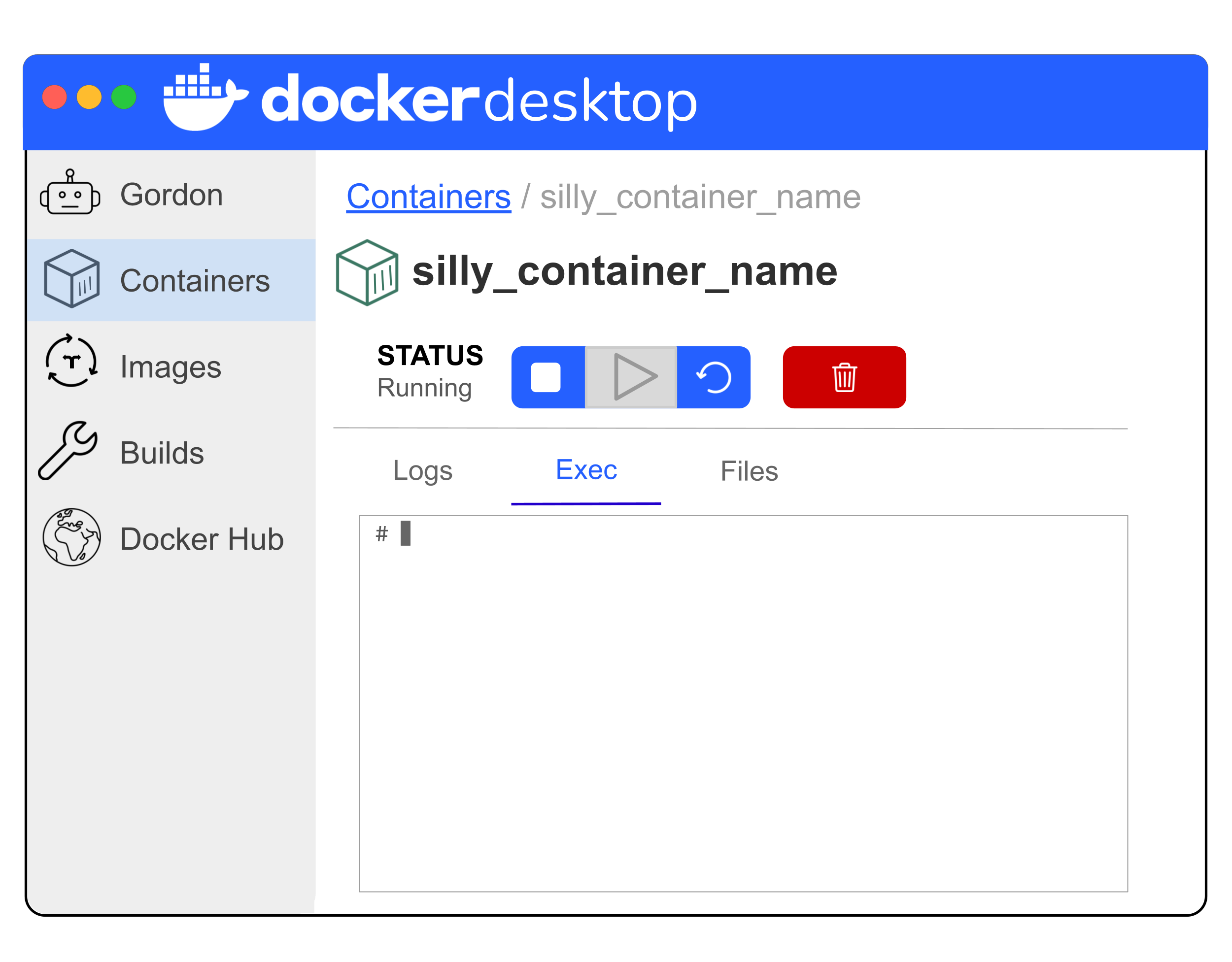 Simplified illustration of Docker Desktop showing the Exec tab of the running container once you've navigated there. There should be a pound sign at the beginning of an otherwise empty line that your cursor is on.