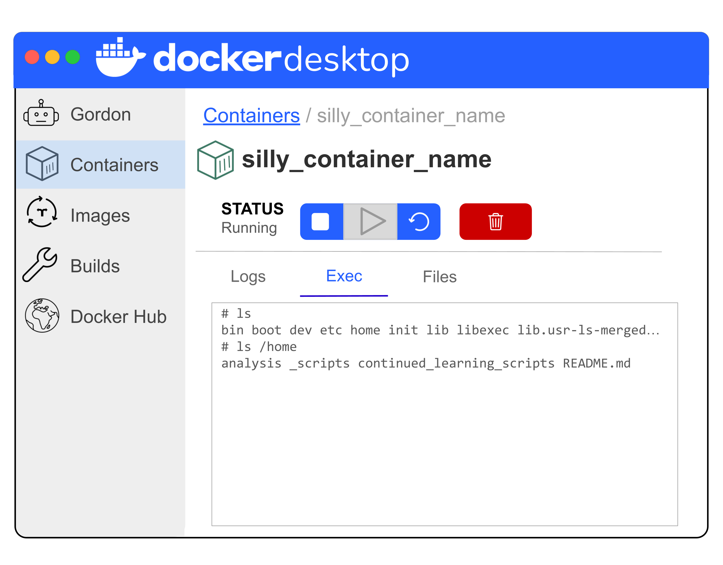 Simplified illustration of Docker Desktop showing the result of the ls commands with lots of various folders in the containers root directory including home where are mounted files are and then the scripts and README from our mounted volume in the home directory.