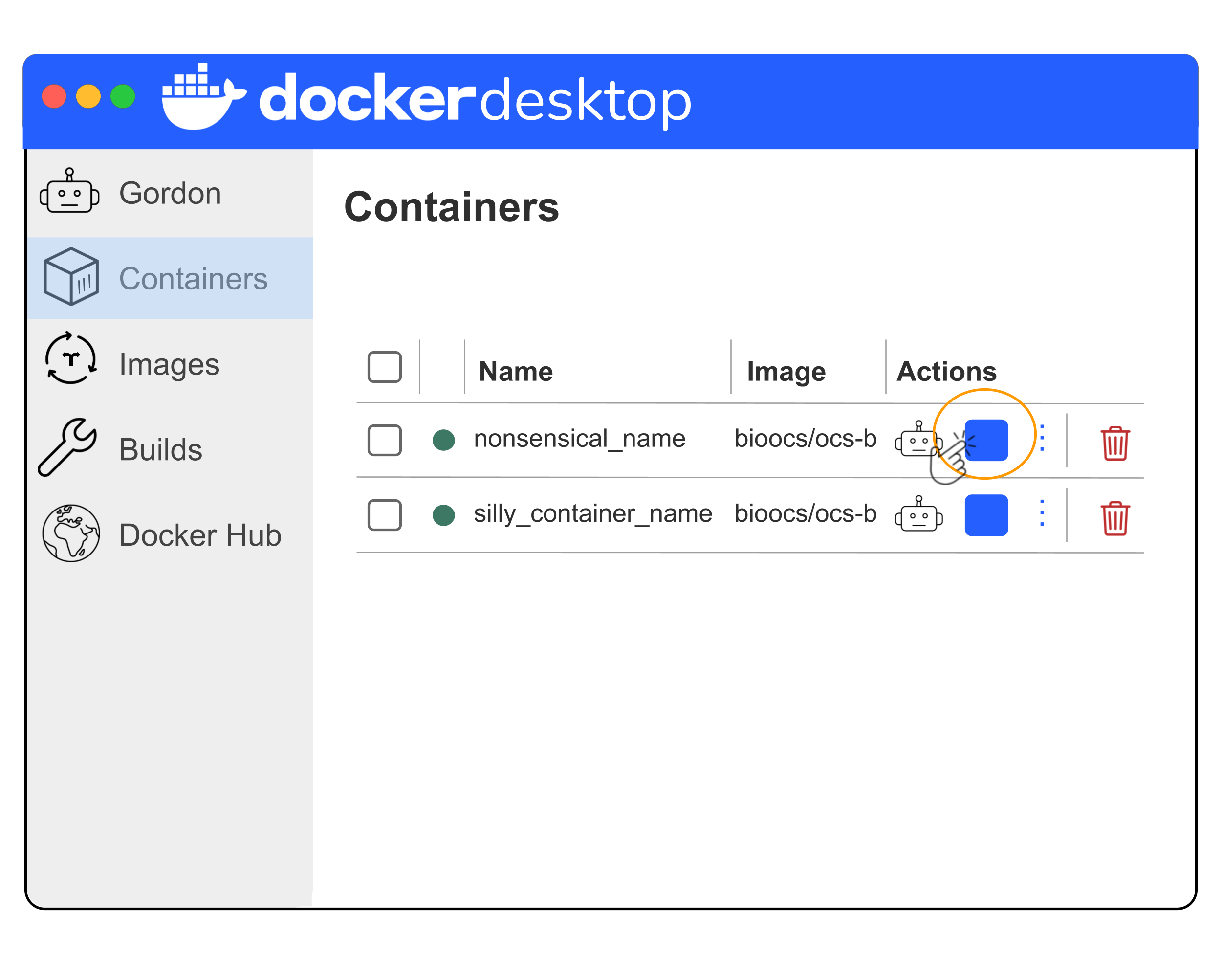 Simplified illustration of Docker Desktop showing the containers listed in the Containers section of the GUI reached through the left side menu. The blue square under the actions tab can be used to stop the containers. A blue square is highlighted with an orange circle to show this should be clicked.