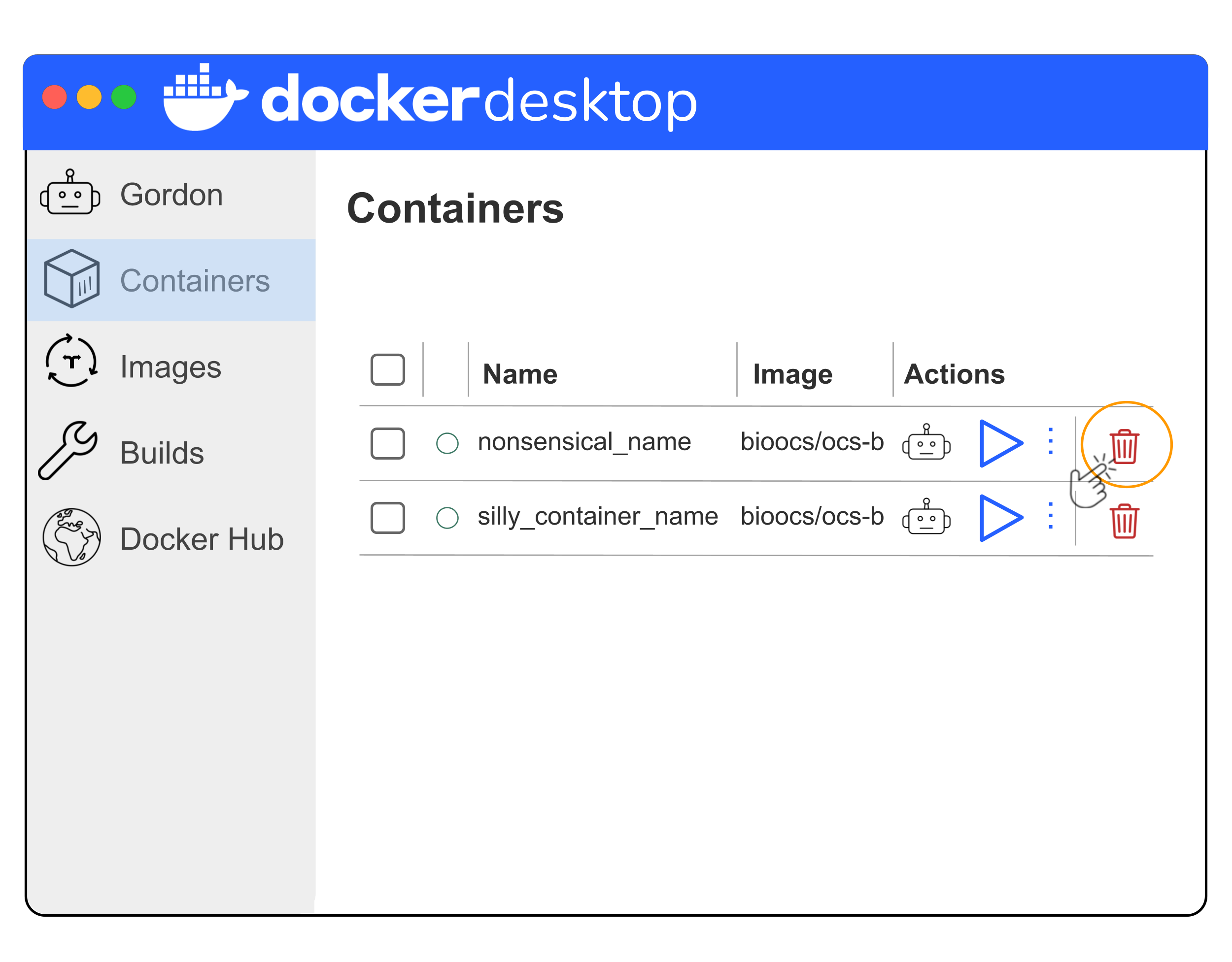 Simplified illustration of Docker Desktop showing the containers that are no longer running. They each can be deleted by clicking the trash can icon. An orange circle is used to highlight a trash icon to show that this should be clicked.