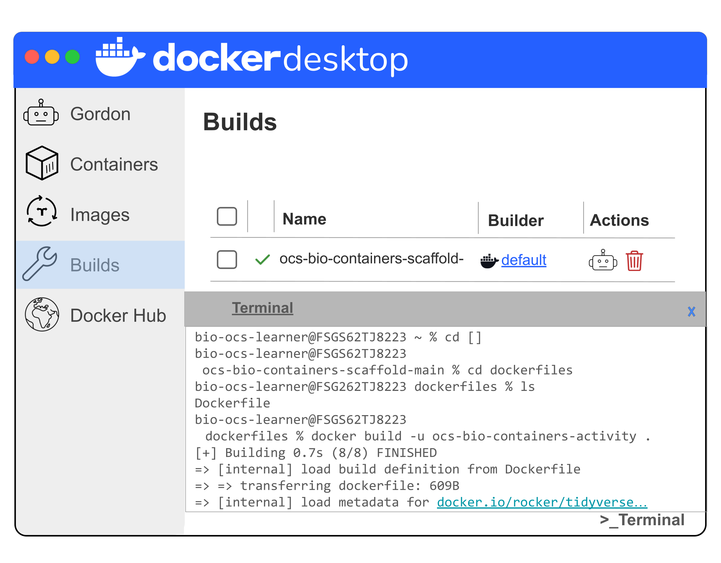 Simplified illustration of Docker Desktop, specifically showing what steps need to be down with the terminal. You need to use cd to navigate to wherever you have the volume you have downloaded and been mounting and have the new Dockerfile. Then you use cd again to navigate to the dockerfiles subdirectory with the new Dockerfile. use ls to verify the Dockerfile is there. Then use docker build to build an image. Notice that the text in front of the percent sign updates based on what folder or directory you are in. It is a tilde before any cd commands. Everything after the percent sign are the commands for what you are doing. There are some messages that descirbe how the build process progresses.