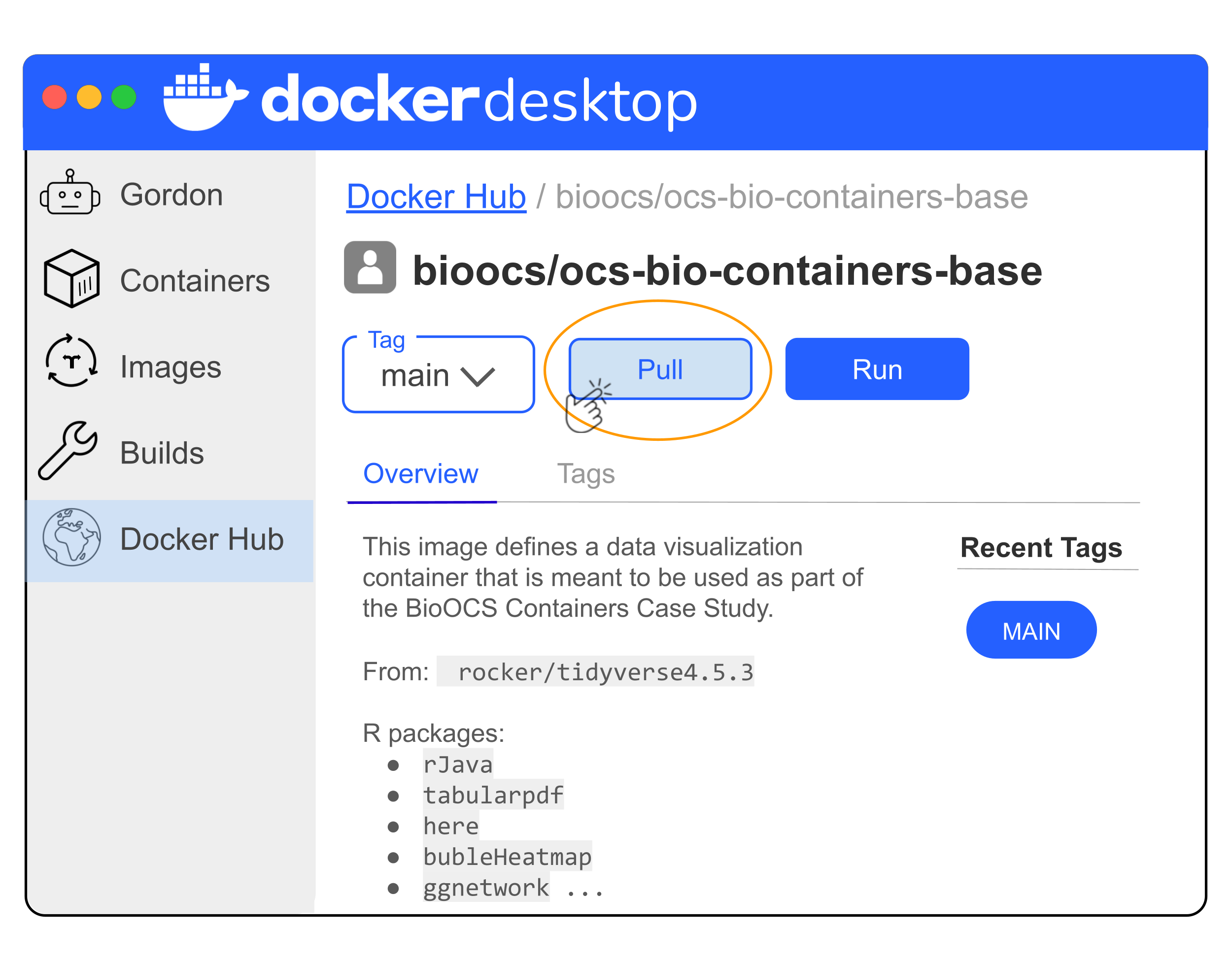 Simplified illustration of the Docker Desktop view of the ocs bio containers base image for this case study from the bioocs organization. The tag shows main and there is a pull button to use to get the image from Docker Hub. The pull button is highlighted with an orange circle.