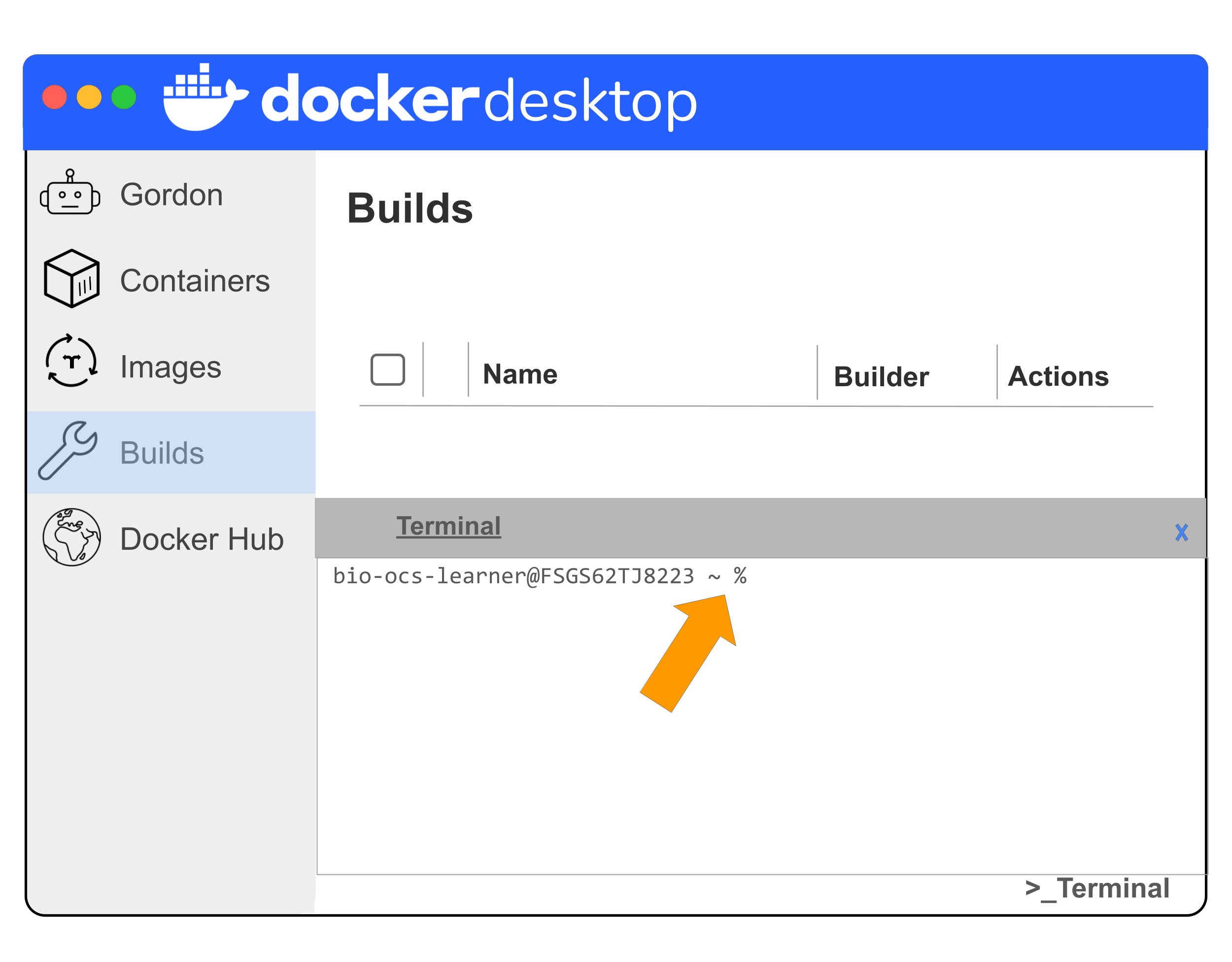 Simplified illustration of Docker Desktop, specifically showing the open terminal. The command prompt percent sign and tilde for file location are highlighted with an orange arrow.