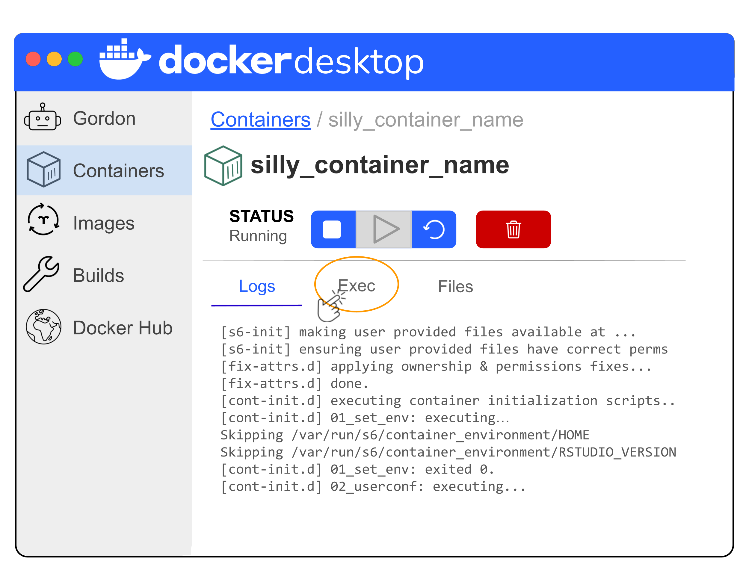 Simplified illustration of Docker Desktop showing how to navigate to the Exec tab, highlighting that the Exec tab name circled in orange should be clicked.
