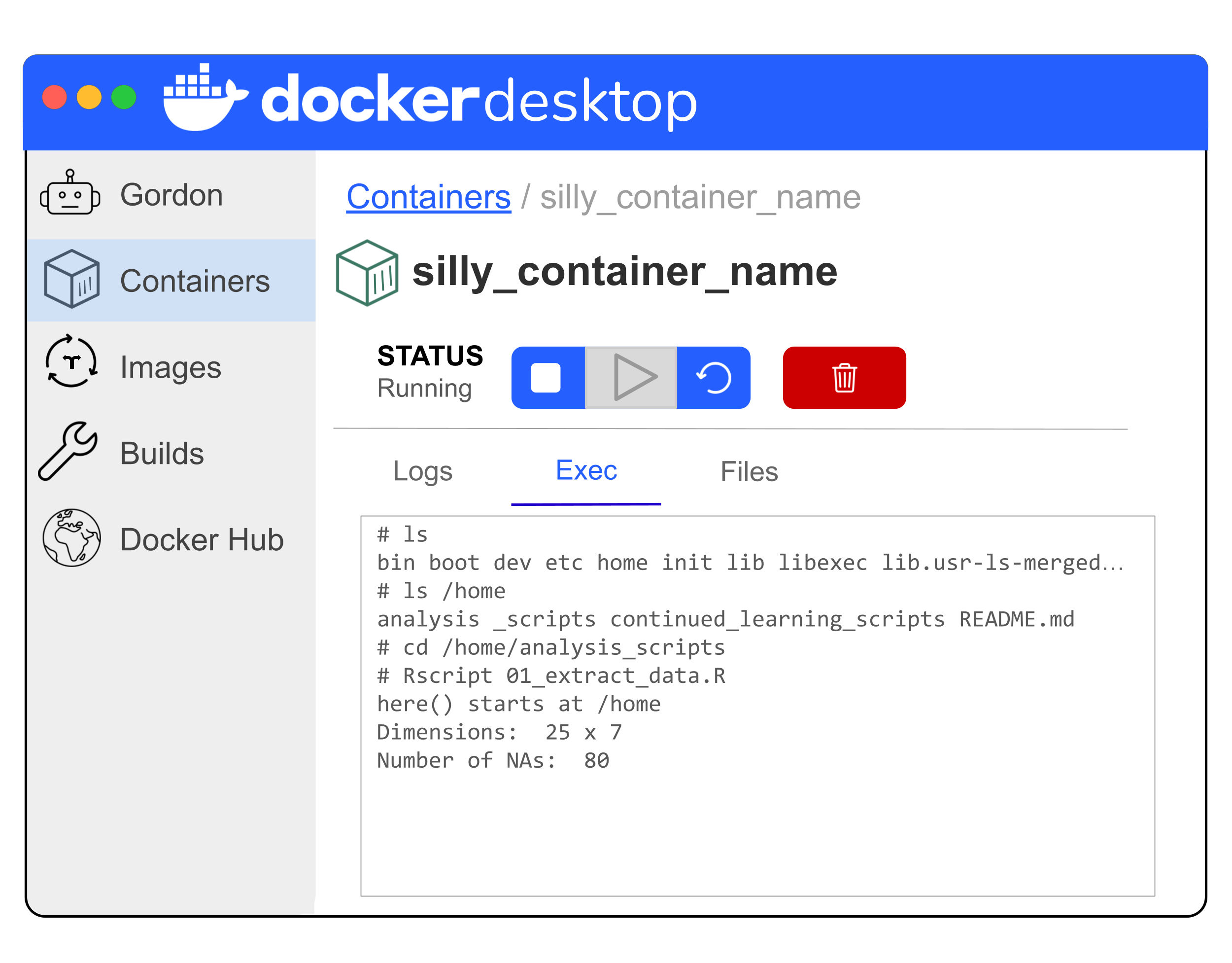 Simplified illustration of Docker Desktop showing the steps to run the script as well as the displayed output messages from running it. Specifically the dimensions are 25 rows and 7 columns and there are 80 NAs.