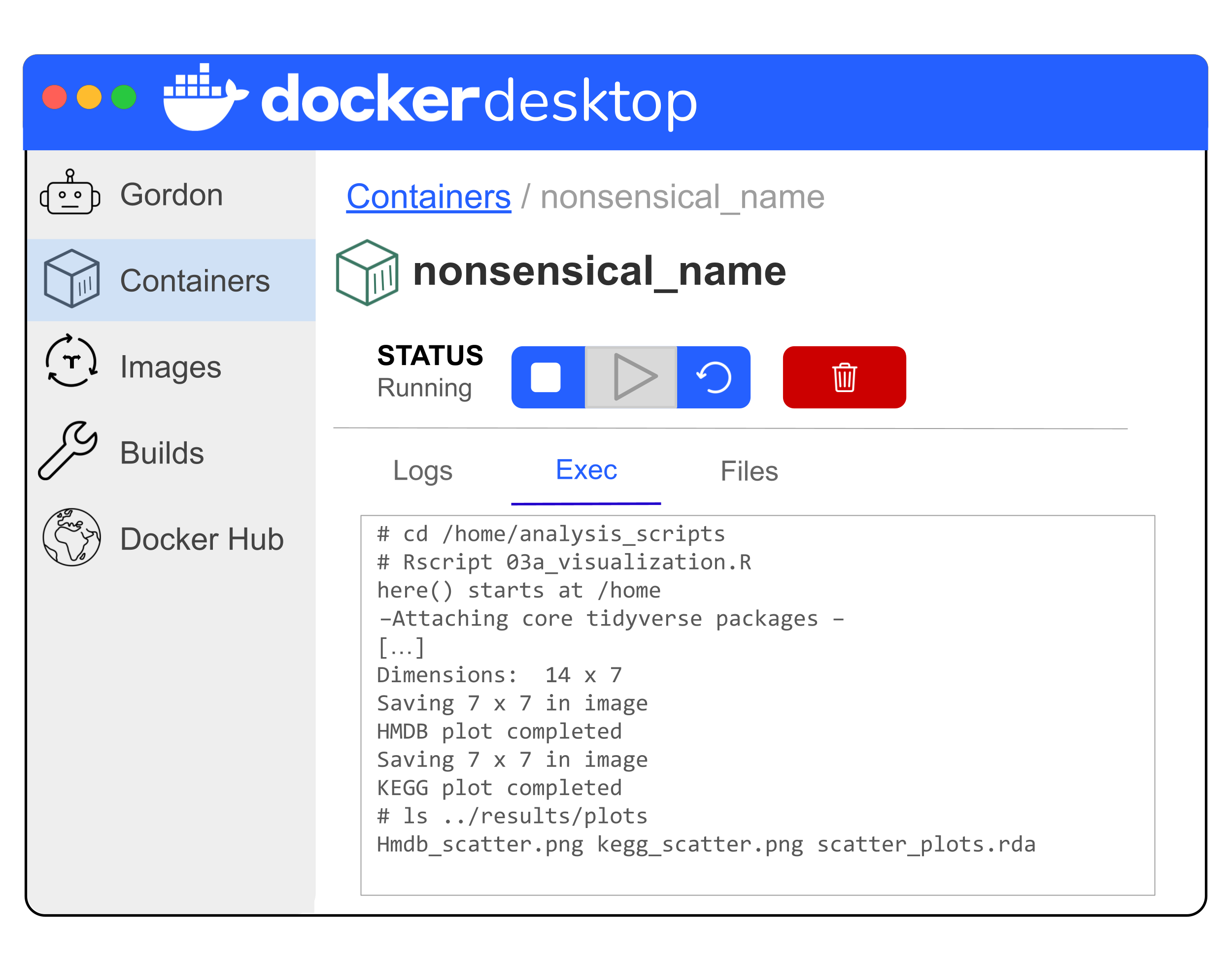 Simplified illustration of Docker Desktop showing the steps to run the visualization script within the running container as well as the output from the script.
