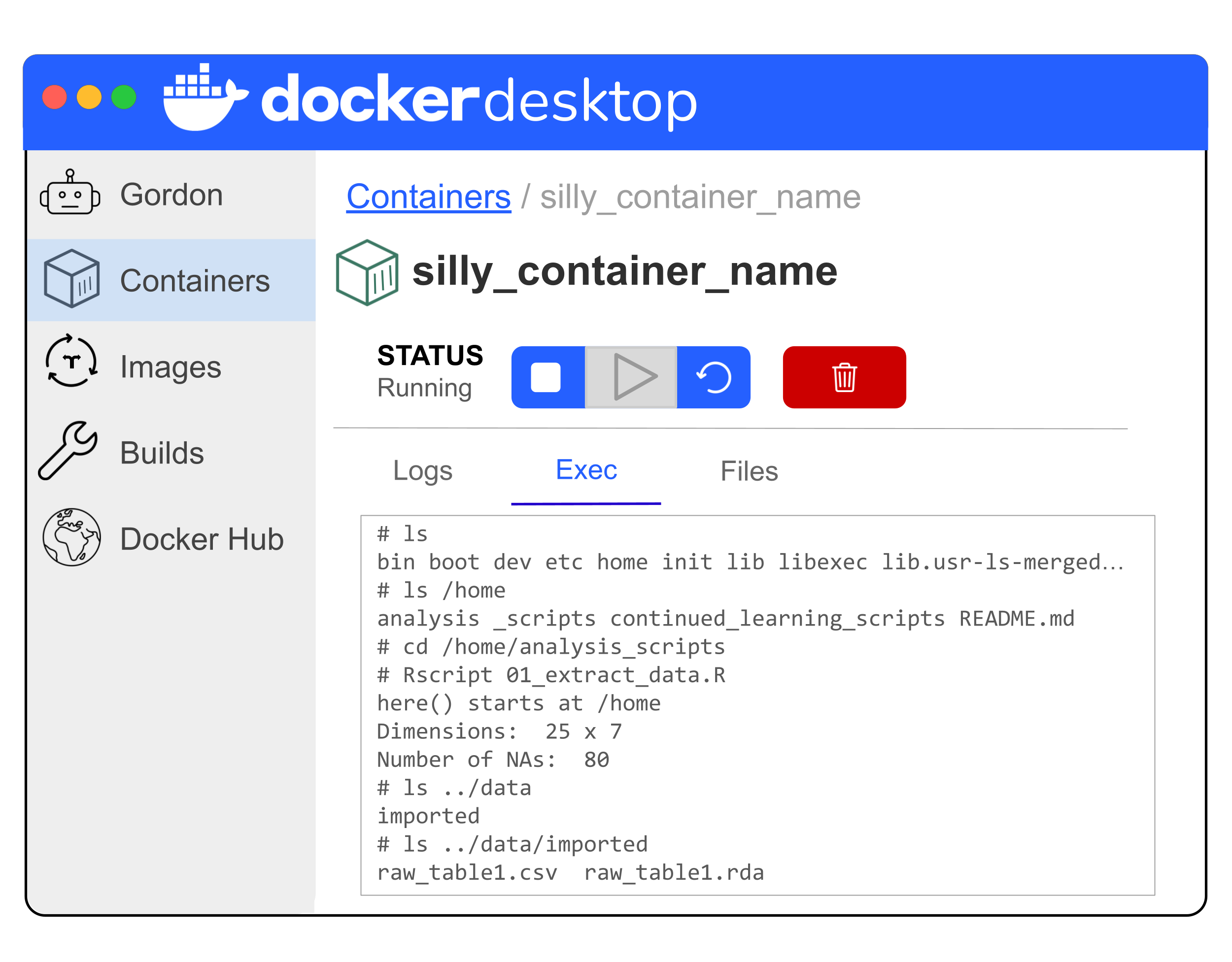 Simplified illustration of Docker Desktop showing the addition of the ls commands to inspect the output and the results from those specifically that there is a subdirectory named imported in the data directory. That subdirectory has raw table1 CSV and RDA files.