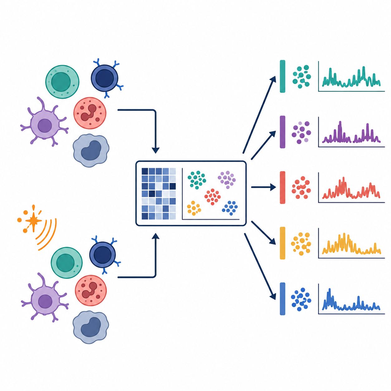 Icon showing control and IFN-beta stimulated PBMC groups entering a single-cell analysis block and branching into multiple colored latent program signals.