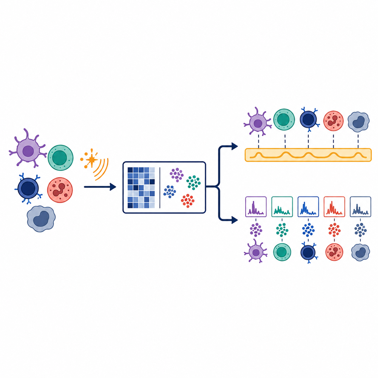 Icon showing a CoGAPS analysis splitting into one shared activity band across cell types and separate cell-type-specific program panels.