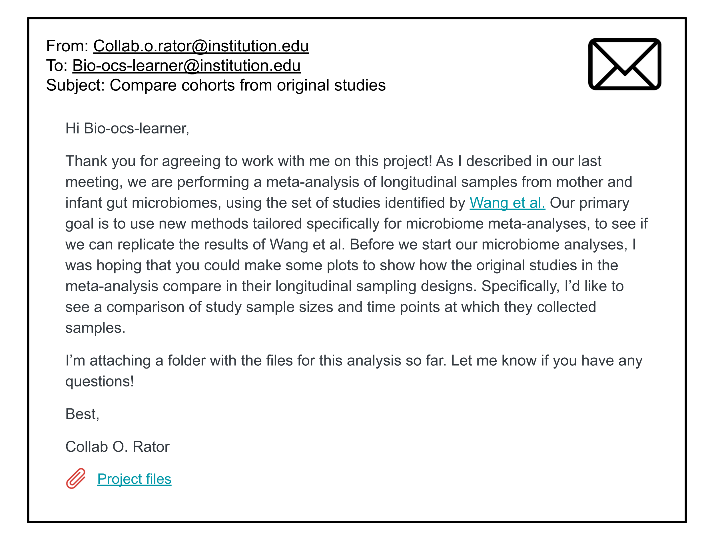 Motivation email asking for cohort comparison analysis